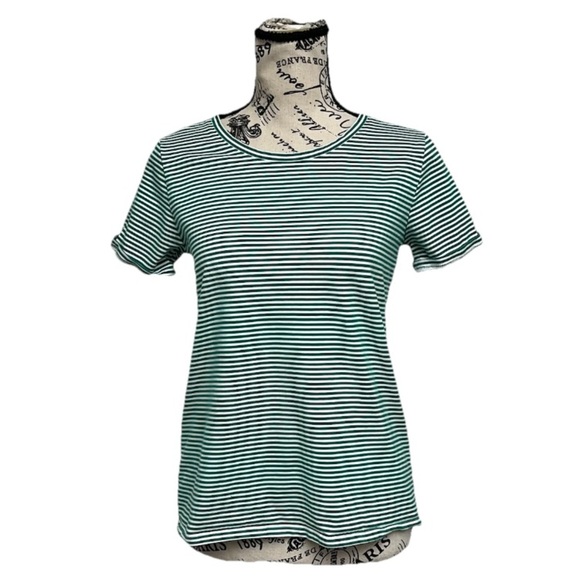 Ann Taylor Kelly Green Striped T Shirt Preppy Nautical Beach Coastal Modest S - Picture 1 of 9